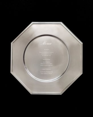 Editorial luxury wedding menu engraved on an octagonal silver plate by UTWÖ Studio
